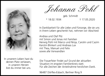 Traueranzeige von Johanna Pohl von Neue Presse Coburg