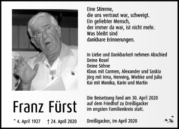 Traueranzeige von Franz Fürst von Südthüringer Presse