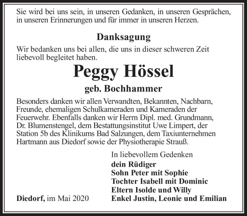  Traueranzeige für Peggy Hössel vom 23.05.2020 aus Südthüringer Presse