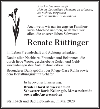 Traueranzeige von Renate Rüttinger von Südthüringer Presse