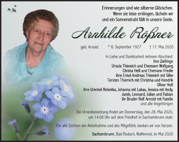 Traueranzeige von Arnhilde Rößner von Südthüringer Presse