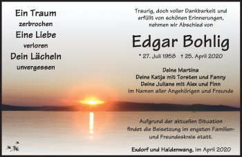 Traueranzeige von Edgar Bohlig von Südthüringer Presse