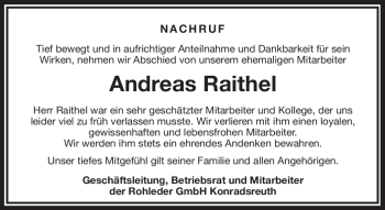 Traueranzeige von Andreas Raithel von Frankenpost