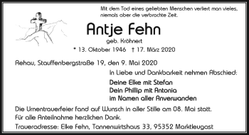 Traueranzeige von Antje Fehn von Frankenpost