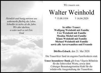 Traueranzeige von Walter Weinhold von Neue Presse Coburg