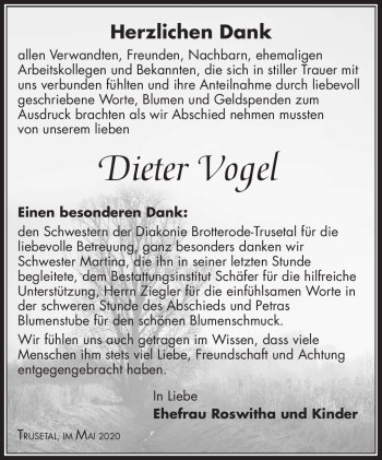Traueranzeige von Dieter Vogel von Südthüringer Presse