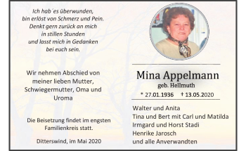 Traueranzeige von Mina Appelmann von Neue Presse Coburg