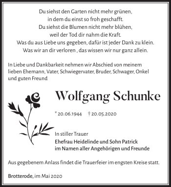 Traueranzeige von Wolfgang Schunke von Südthüringer Presse