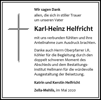 Traueranzeige von Karl-Heinz Helfricht von Südthüringer Presse