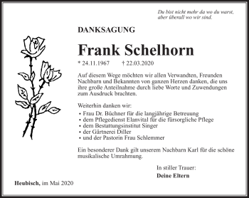 Traueranzeige von Frank Schelhorn von Südthüringer Presse