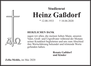 Traueranzeige von Heinz Gaßdorf von Südthüringer Presse