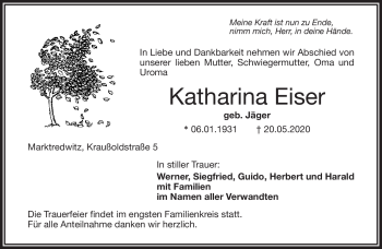 Traueranzeige von Katharina Eiser von Frankenpost