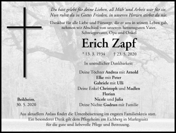 Traueranzeige von Erich Zapf von Neue Presse Coburg