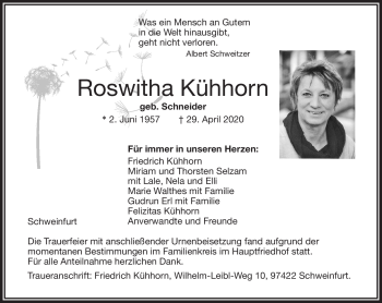 Traueranzeige von Roswitha Kühhorn von Frankenpost