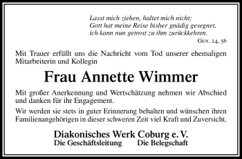 Traueranzeige von Annette Wimmer von Neue Presse Coburg