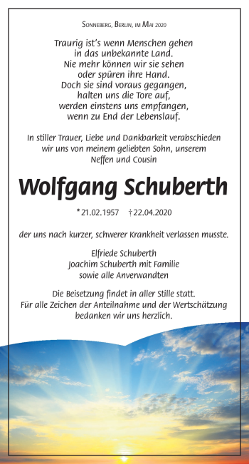 Traueranzeige von Wolfgang Schuberth von Südthüringer Presse