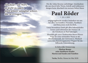 Traueranzeige von Paul Röder von Südthüringer Presse