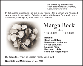 Traueranzeige von Marga Beck von Südthüringer Presse
