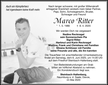 Traueranzeige von Marco Ritter von Südthüringer Presse