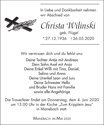 Traueranzeige von Christa Wilinski von Südthüringer Presse