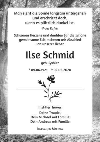 Traueranzeige von Ilse Schmid von Südthüringer Presse