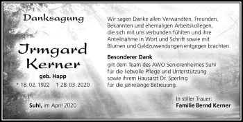 Traueranzeige von Irmgard Kerner von Südthüringer Presse