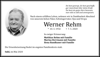 Traueranzeige von Werner Rehm von Südthüringer Presse