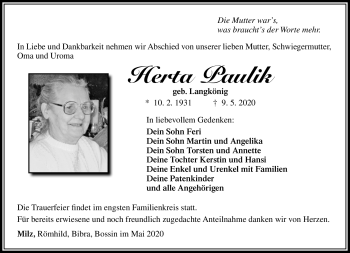 Traueranzeige von Herta Paulik von Südthüringer Presse
