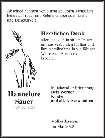 Traueranzeige von Hannelore Sauer von Südthüringer Presse