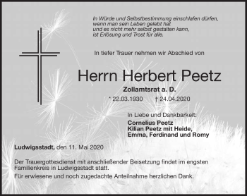 Traueranzeige von Herbert Peetz von Neue Presse Coburg