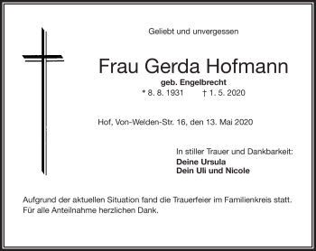 Traueranzeige von Gerda Hofmann von Frankenpost