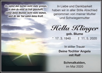 Traueranzeige von Hella Klinger von Südthüringer Presse