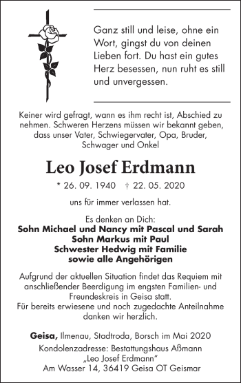Traueranzeige von Leo Josef Erdmann von Südthüringer Presse