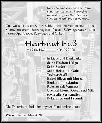 Traueranzeige von Hartmut Fuß von Südthüringer Presse