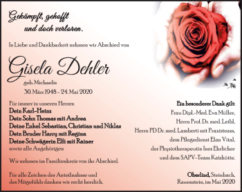 Traueranzeige von Gisela Dehler von Südthüringer Presse