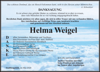 Traueranzeige von Helma Weigel von Südthüringer Presse