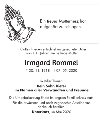 Traueranzeige von Irmgard Rommel von Südthüringer Presse