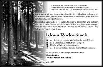 Traueranzeige von Klaus Rodowitsch von Südthüringer Presse