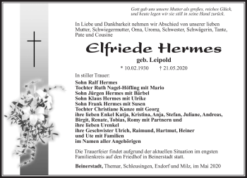 Traueranzeige von Elfriede Hermes von Südthüringer Presse
