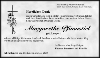 Traueranzeige von Margarethe Pfannstiel von Südthüringer Presse