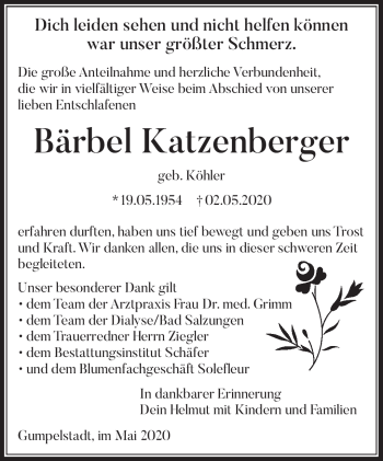 Traueranzeige von Bärbel Katzenberger von Südthüringer Presse