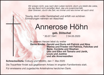 Traueranzeige von Annerose Höhn von Neue Presse Coburg