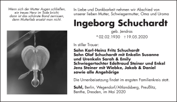 Traueranzeige von Ingeborg Schuchardt von Südthüringer Presse