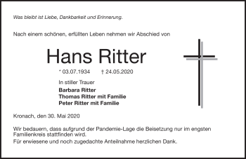 Traueranzeige von Hans Ritter von Neue Presse Coburg