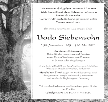 Traueranzeige von Bodo Siebensohn von Südthüringer Presse