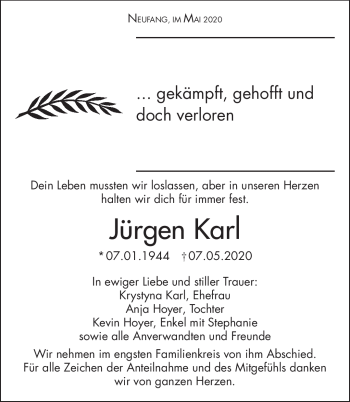 Traueranzeige von Jürgen Karl von Südthüringer Presse