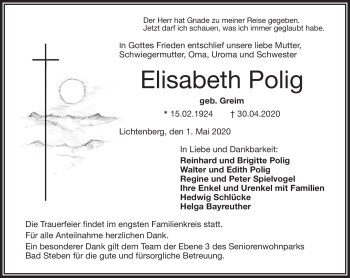 Traueranzeige von Elisabeth Polig von Frankenpost