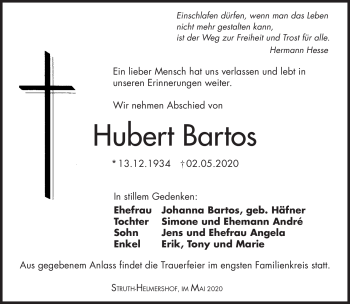 Traueranzeige von Hubert Bartos von Südthüringer Presse