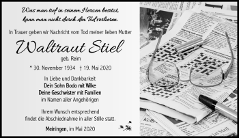 Traueranzeige von Waltraud Stiel von Südthüringer Presse