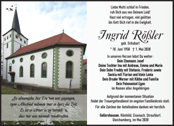 Traueranzeige von Ingrid Rößler von Südthüringer Presse